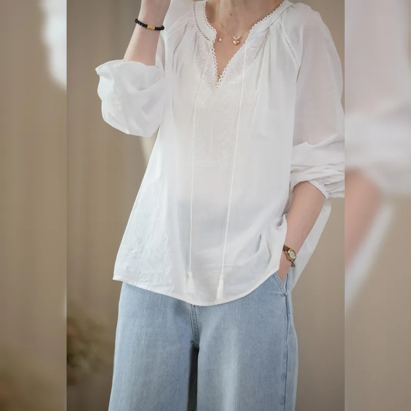 Fstudio Korean Style V Neck Pure Cotton Lace Trim Embroidery Long Sleeved Shirt Women's White-3