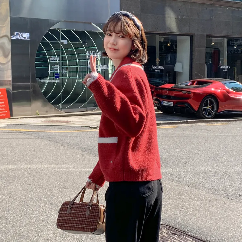 Fstudio Korean Petite Cardigan Lapel Long Sleeved Knitwear Women's Red-6