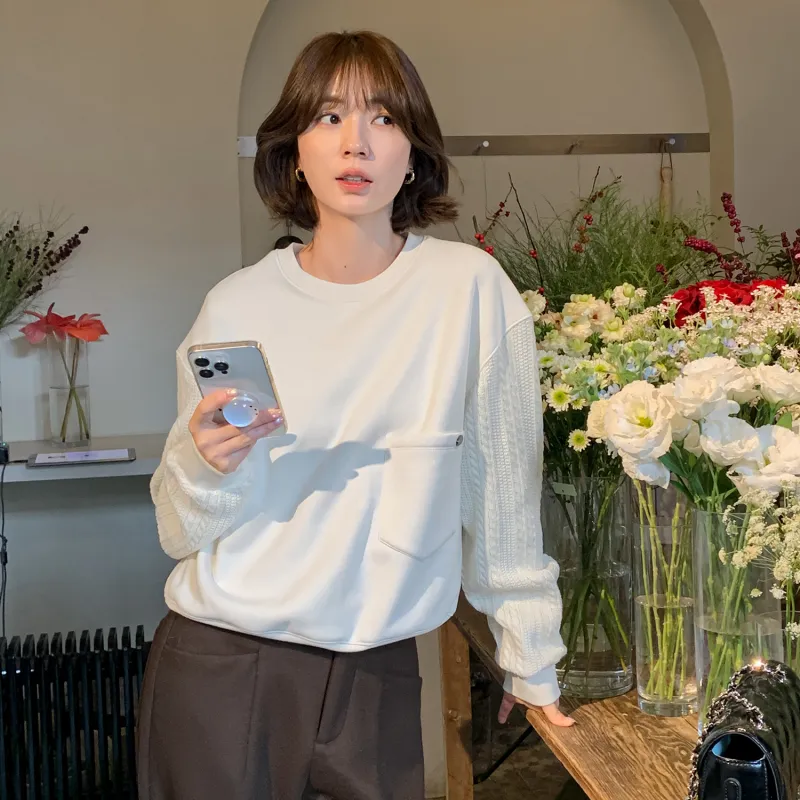 Fstudio Korean Commute Patchwork Solid Color Cropped Long Sleeved Sweatshirt Women's-11