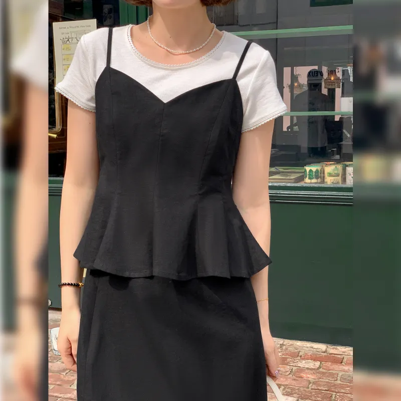 Fstudio Korean Style Elegance V Neck Comfortable Short Sleeved Top Skirt Set Women's-7