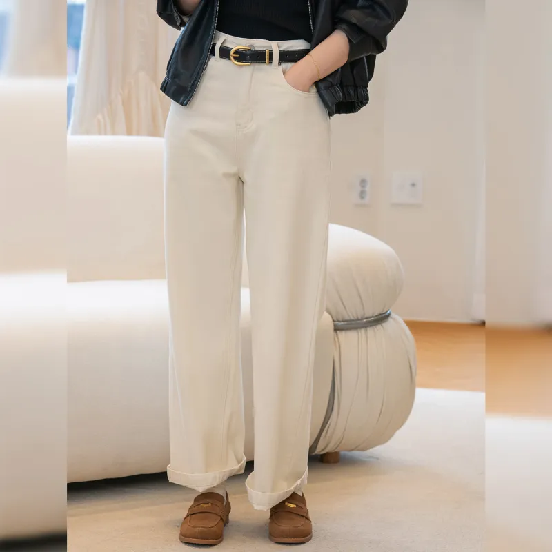 Fstudio Korean Style Solid Color Straight Fit High Rise Commute Versatile Jeans Women's Raw White-2