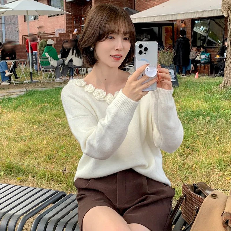 Fstudio Korean Style Laid Back Solid Color Commute Floral Base Sweater Inner Layer Women's White-3