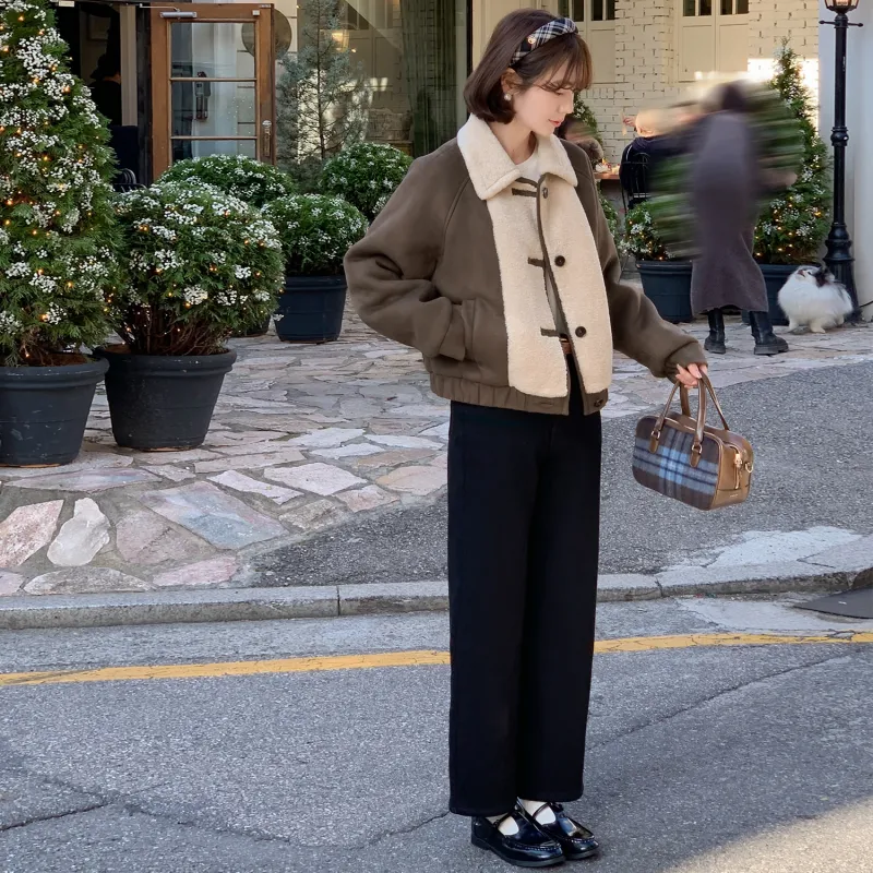 Fstudio Fall And Winter Suede Patchwork Lambswool Cropped Coat Women's Coffee-7