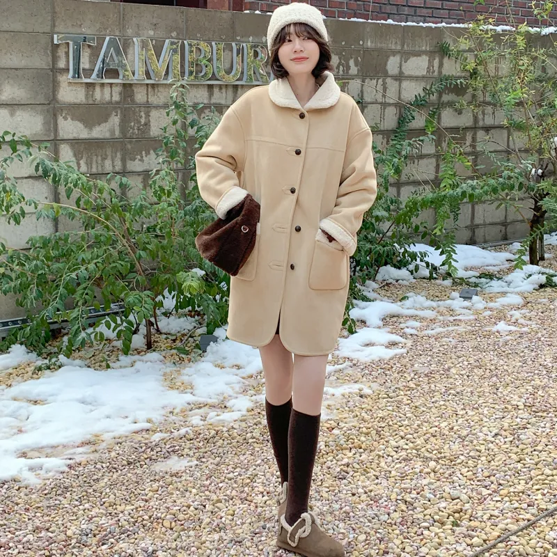 Fstudio Fall And Winter Korean Petite Commute Warm Mid Length Nappa Coat Women's Apricot-4
