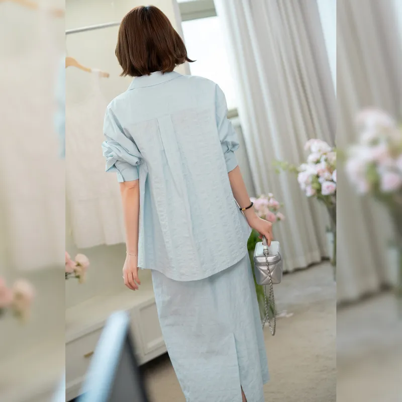 Fstudio Early Spring Korean Style Lazy 100% Cotton Shirt Matching Set Women's Green-2