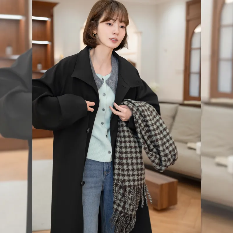 Fstudio Korean Style Petite Commute Long Outerwear Trench Coat Coat Women's Black-6