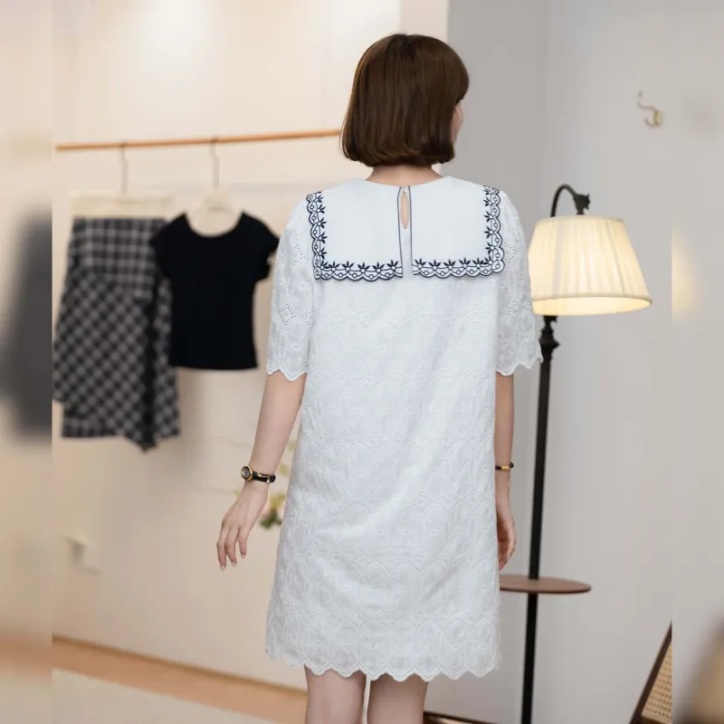 Fstudio Summer Korean Style Lace Cotton Large Lapel Design Short Sleeved Dress Women's-4