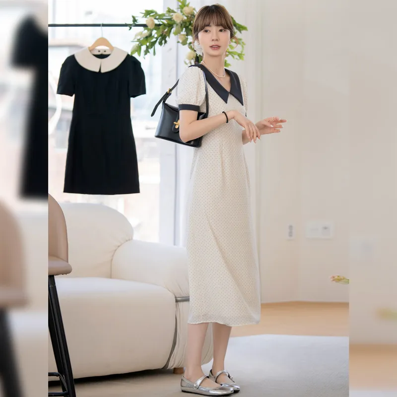 Fstudio Korean Style Elegance Color Block Cinched Waist Short Sleeved Dress Women's Beige Apricot-4