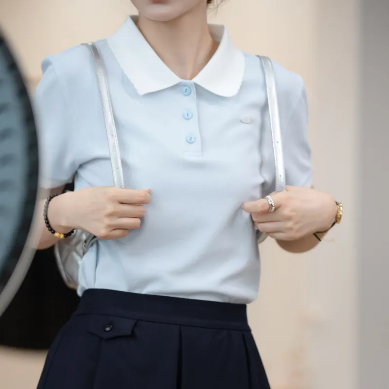 Fstudio Summer Petite Polo Neck Minimalist Outfit Short Sleeved T Shirts Women's-3