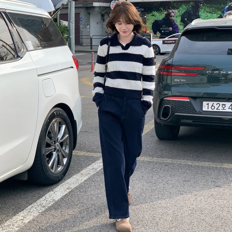 Fstudio Korean Preppy Style V-Neck Color Blocking Knitwear Women's Dark Blue White Stripes-3
