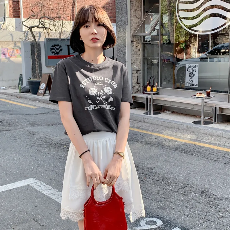 Fstudio Korean Style Commute Versatile 100% Cotton Print Short Sleeved T Shirts Women's-6