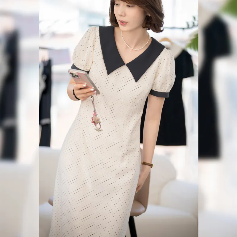 Fstudio Korean Style Elegance Color Block Cinched Waist Short Sleeved Dress Women's Beige Apricot-5