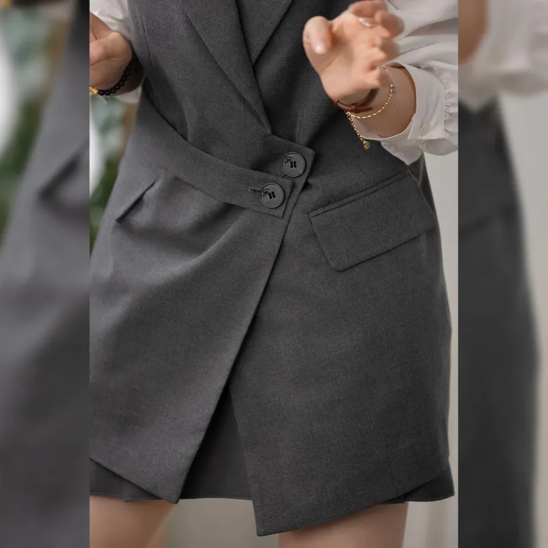 Fstudio Spring Korean Style V Neck Design Commute Elegance Sleeveless Jacket Women's Dark Gray-3