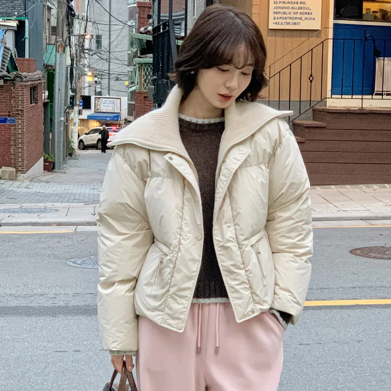 Fstudio Korean Style 90 Fill Power White Duck Down Cropped Patchwork Knitted Fabric Down Jacket Women's Beige-5