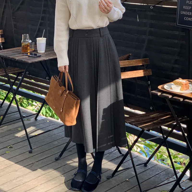 Fstudio Korean Style Fall And Winter Advanced Woolen Pleated Skirt Unisex Dark Gray-2