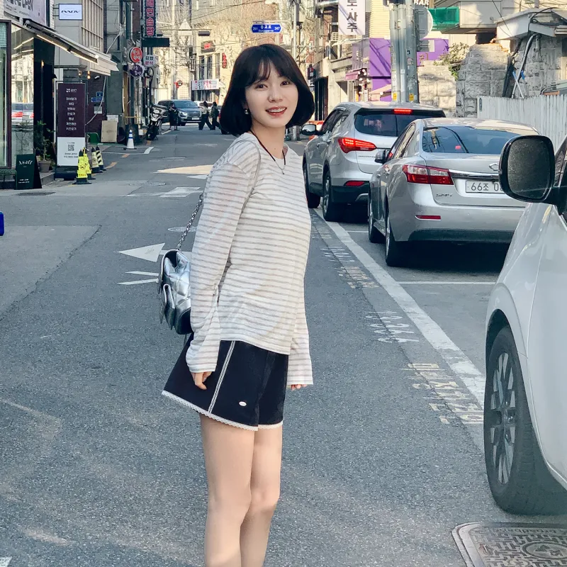 Fstudio Korean Style Stripes Loose Fit Thin Crew Neck Long Sleeved T Shirt Women's-7