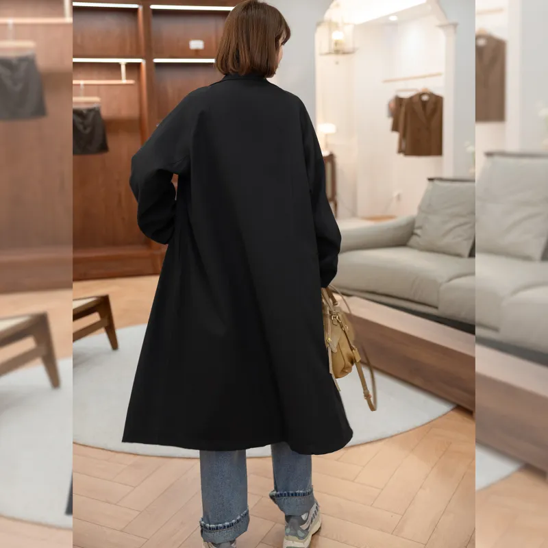 Fstudio Korean Style Petite Commute Long Outerwear Trench Coat Coat Women's Black-3