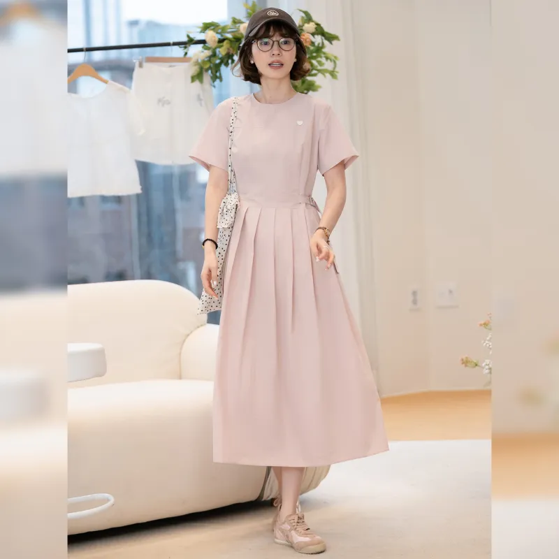Fstudio Korean Style Sweet Style Ambient Minimalist Style Solid Color Short Sleeved Dress Women's Pink-4