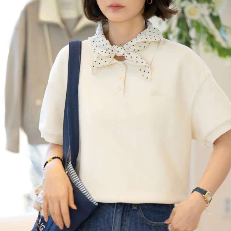 Fstudio Early Spring Korean Style Commute Versatile Short Sleeved Polo Shirt Women's Ecru-2