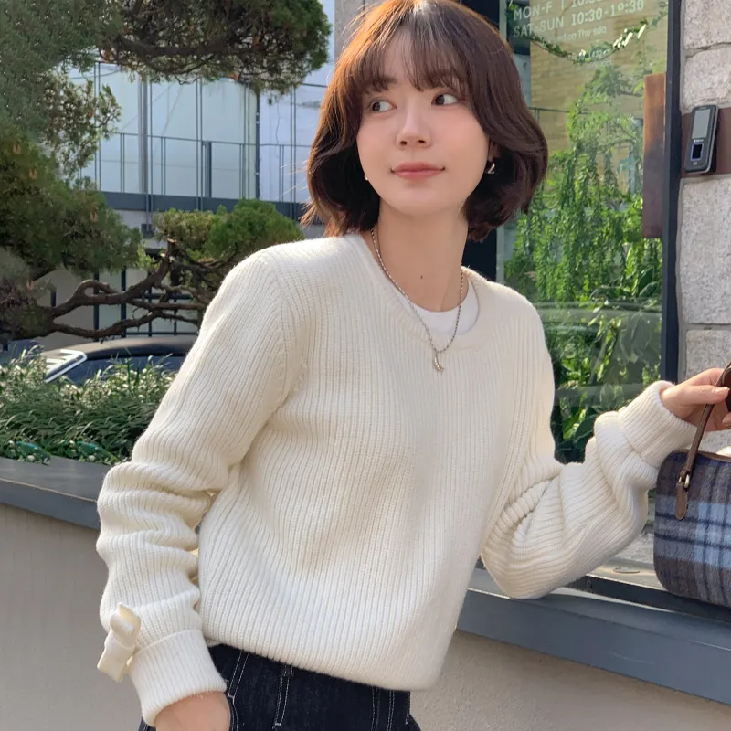Fstudio Korean Style Laid Back Design Petite Inner Layer Crew Neck Sweater Women's Ecru-3