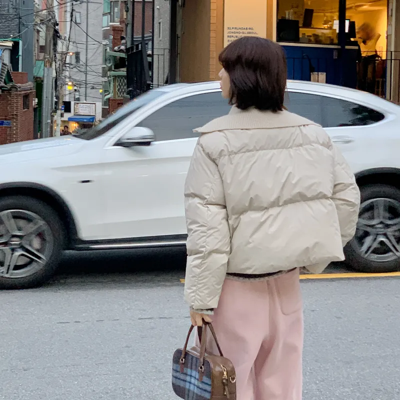 Fstudio Korean Style 90 Fill Power White Duck Down Cropped Patchwork Knitted Fabric Down Jacket Women's Beige-4