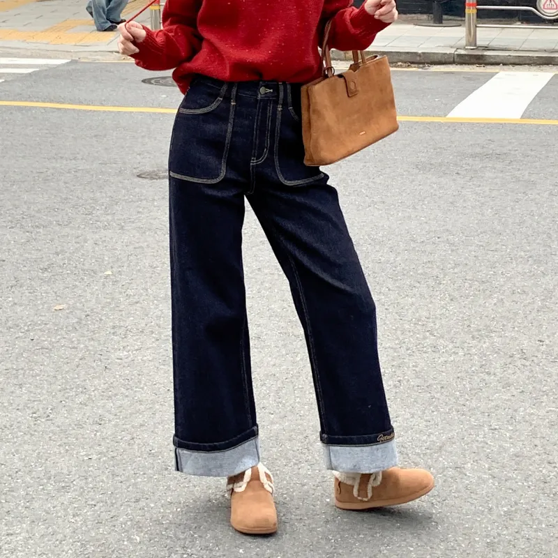 Fstudio Korean Elegance Versatile Dark Color Straight Fit Casual Jeans Women's Blue-2