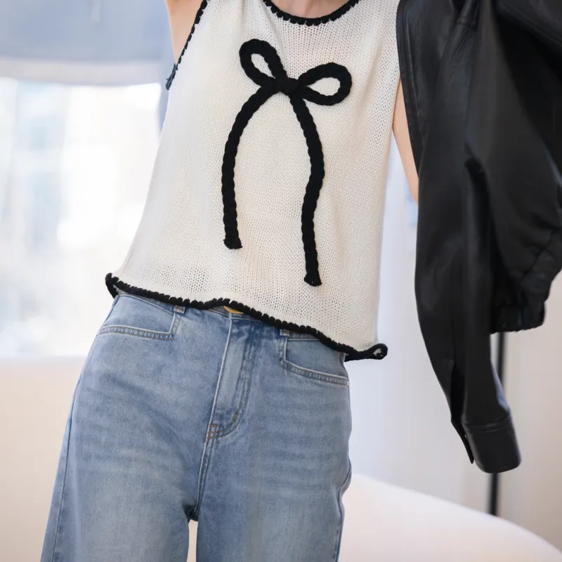 Fstudio Spring Korean Style Petite Embroidery Sleeveless Knitted Vest Women's White-2