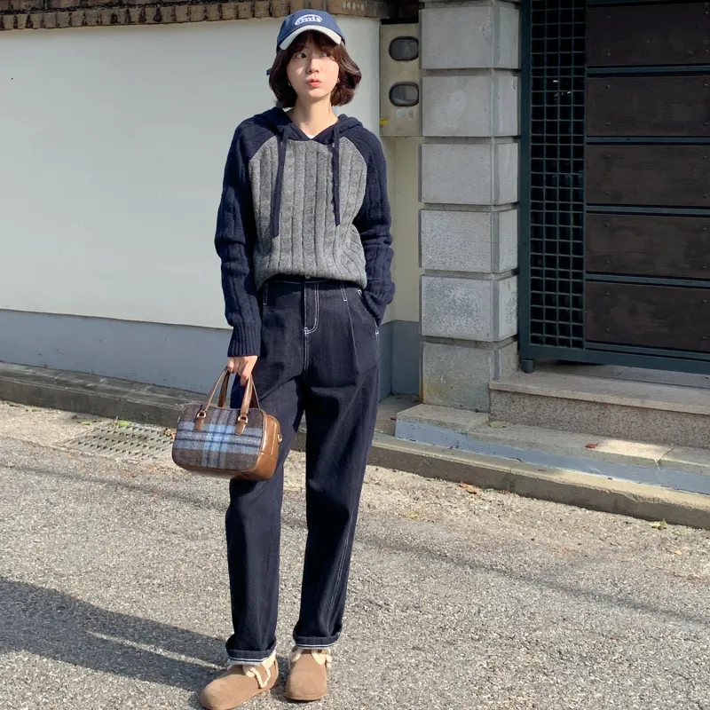 Fstudio Korean Style Fall And Winter Petite Patchwork Hooded Commute 100 Wool Knitwear Women's Coffee-11