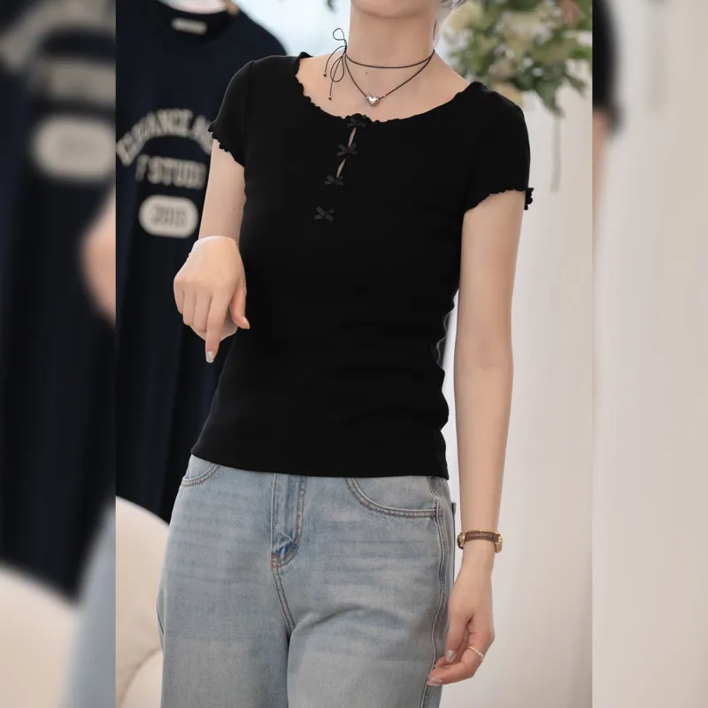 Fstudio Summer Atmosphere Design Solid Color Slimming Short Sleeved T Shirts Women's-9