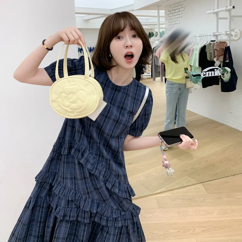 Fstudio Scottish Vintage Irregular Short Sleeved Dress Women's Navy Blue-5
