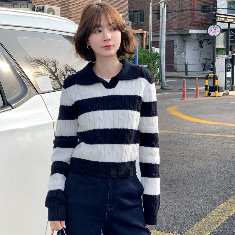 Fstudio Korean Preppy Style V-Neck Color Blocking Knitwear Women's Dark Blue White Stripes-2