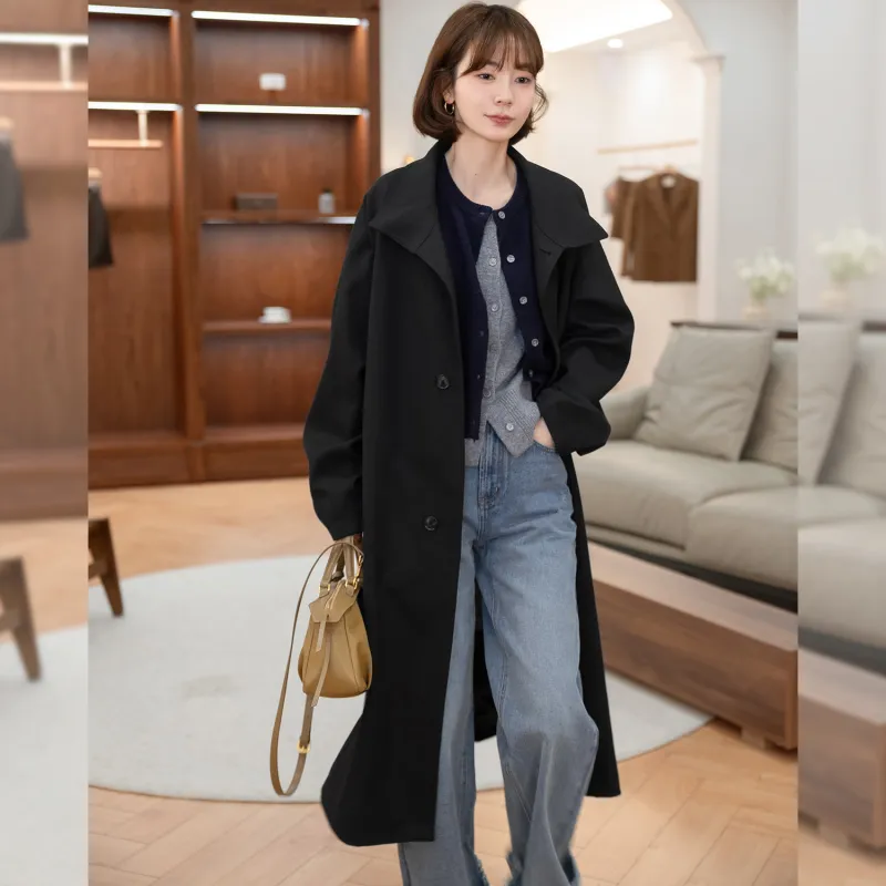 Fstudio Korean Style Petite Commute Long Outerwear Trench Coat Coat Women's Black-7