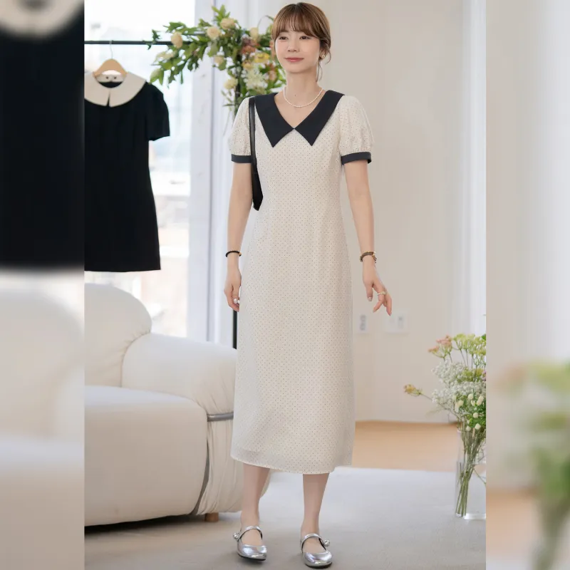 Fstudio Korean Style Elegance Color Block Cinched Waist Short Sleeved Dress Women's Beige Apricot-3