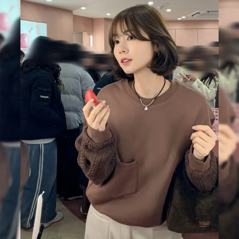 Fstudio Korean Commute Patchwork Solid Color Cropped Long Sleeved Sweatshirt Women's-4