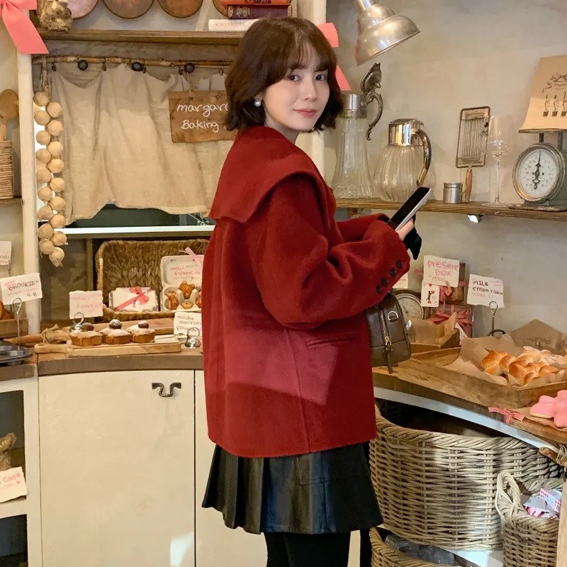 Fstudio Korean Style Languid Advanced Petite Wool Coat Women's Red-6
