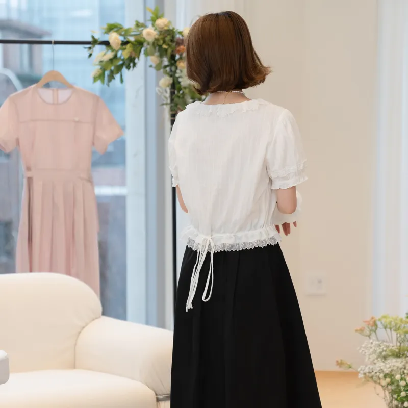 Fstudio Korean Style 100% Cotton Crew Neck High Rise Fashion Lace Trim Top Short Sleeved T Shirts Women's White-2