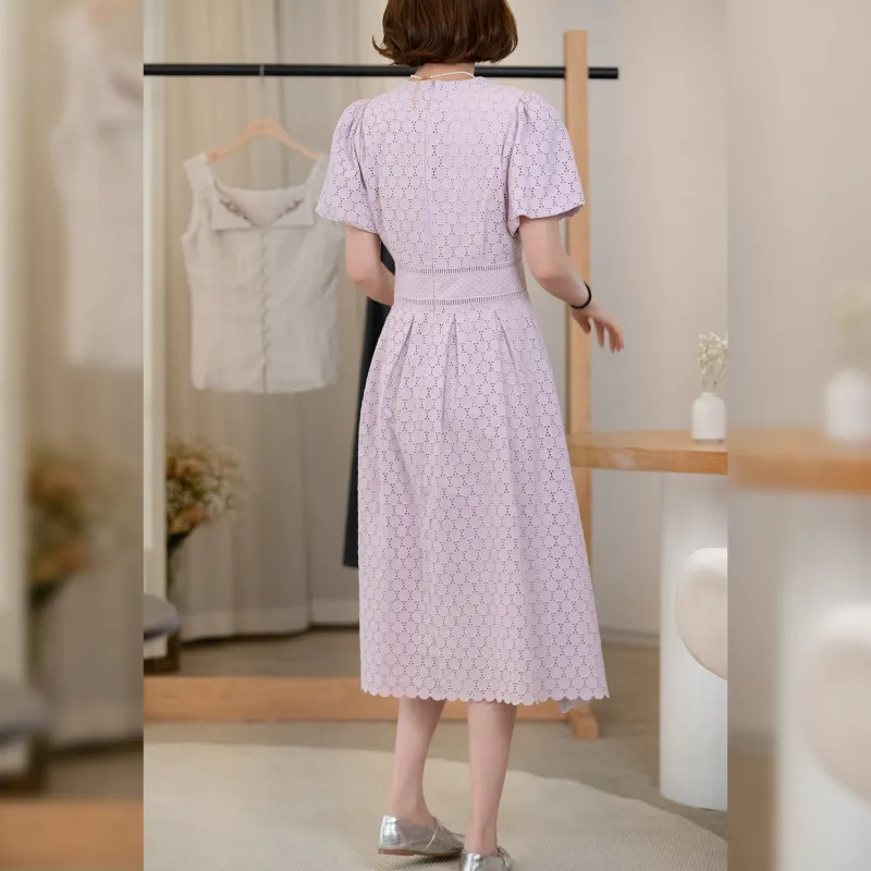 Fstudio Korean Style Crew Neck Embroidery Slimming Short Sleeved Dress Women's Purple-4