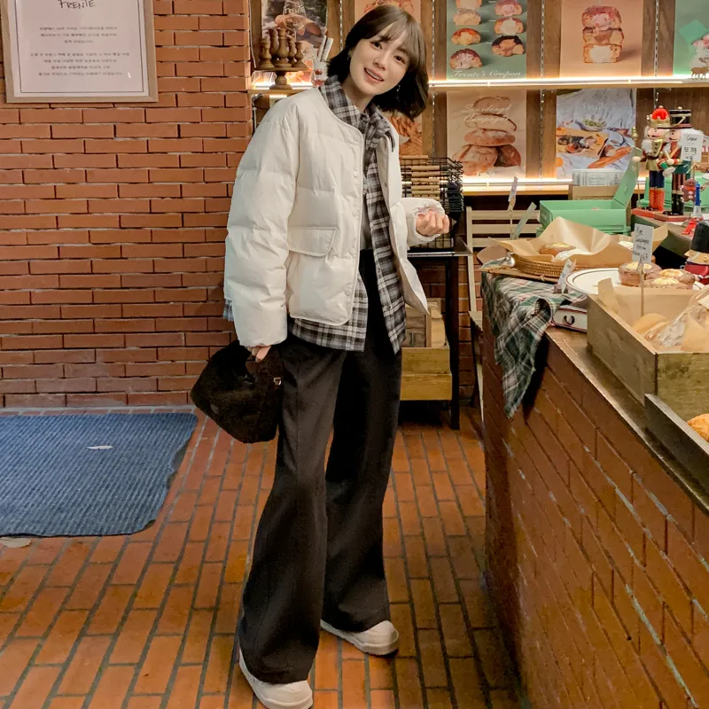 Fstudio Korean Solid Color Plaid Patchwork Design Mock Two Piece Down Jacket Women's Beige-7