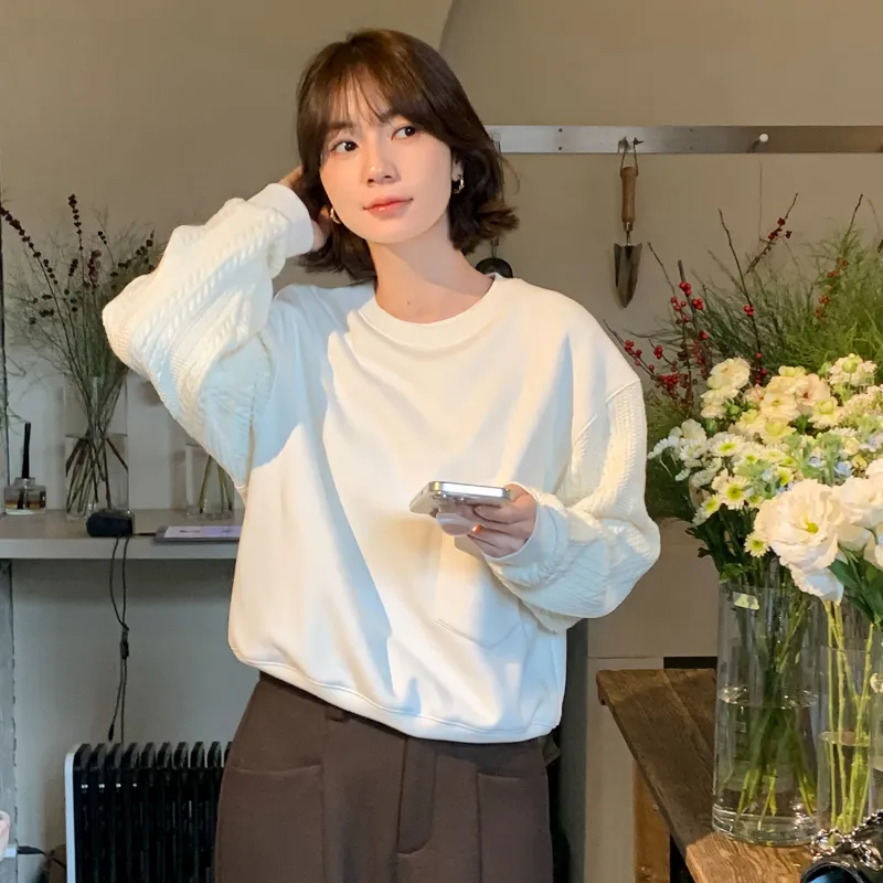 Fstudio Korean Commute Patchwork Solid Color Cropped Long Sleeved Sweatshirt Women's-8