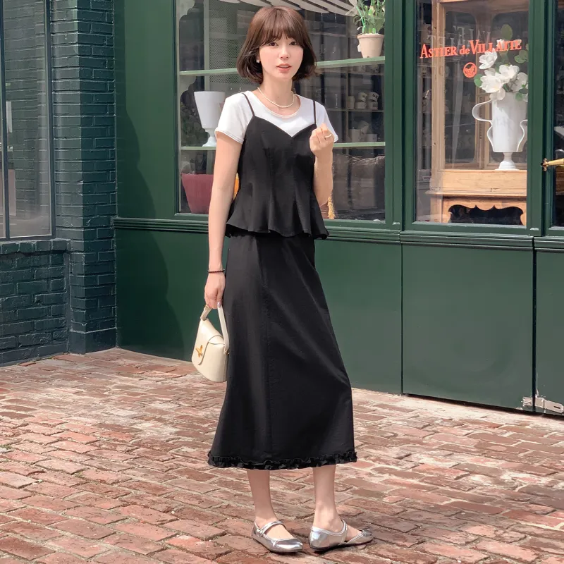 Fstudio Korean Style Elegance V Neck Comfortable Short Sleeved Top Skirt Set Women's-5