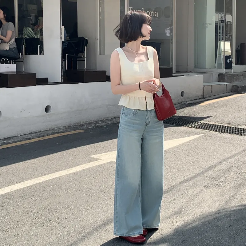 Fstudio Korean Style Elegance Luxury Streetwear Draped Straight Fit Casual Jeans Women's-4