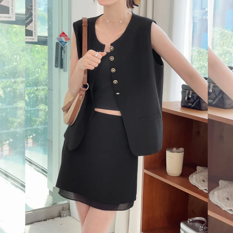 Fstudio Vest Skirt Fashion Set Women's Black-2