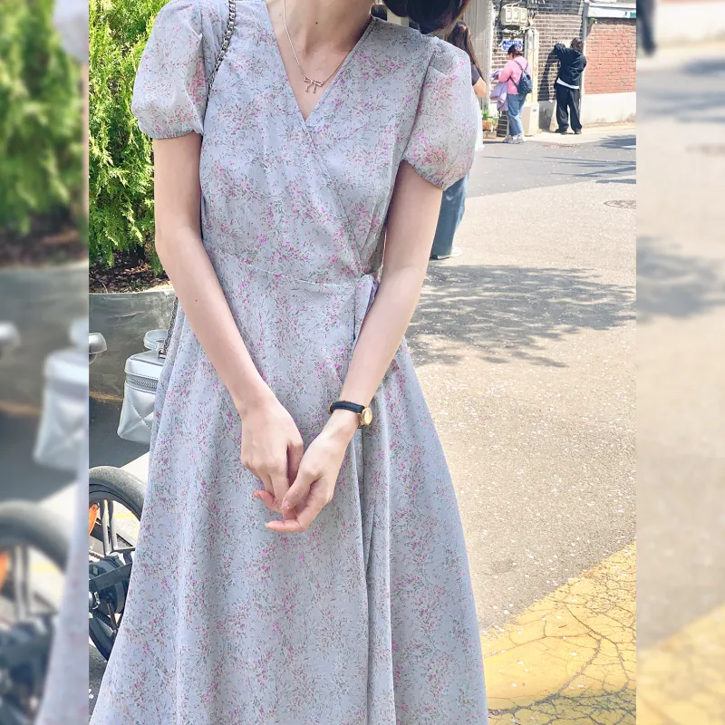 Fstudio Floral Short Sleeved Tea Dress Women's Blue-2
