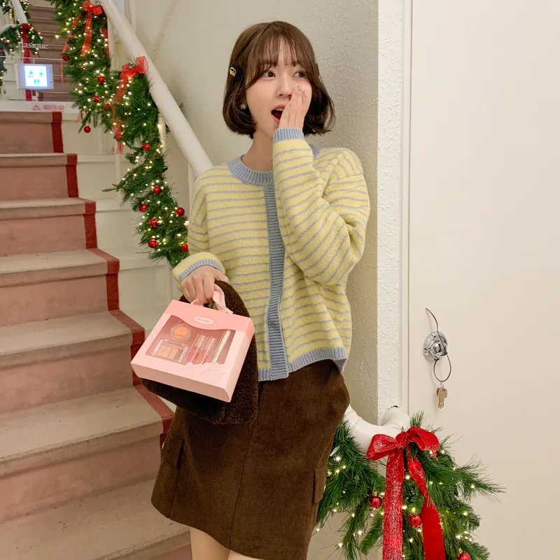 Fstudio Spring Korean Style 100% Sheep Wool Stripes Multicolor Knitwear Inner Layer Versatile Style Women's Yellow-4