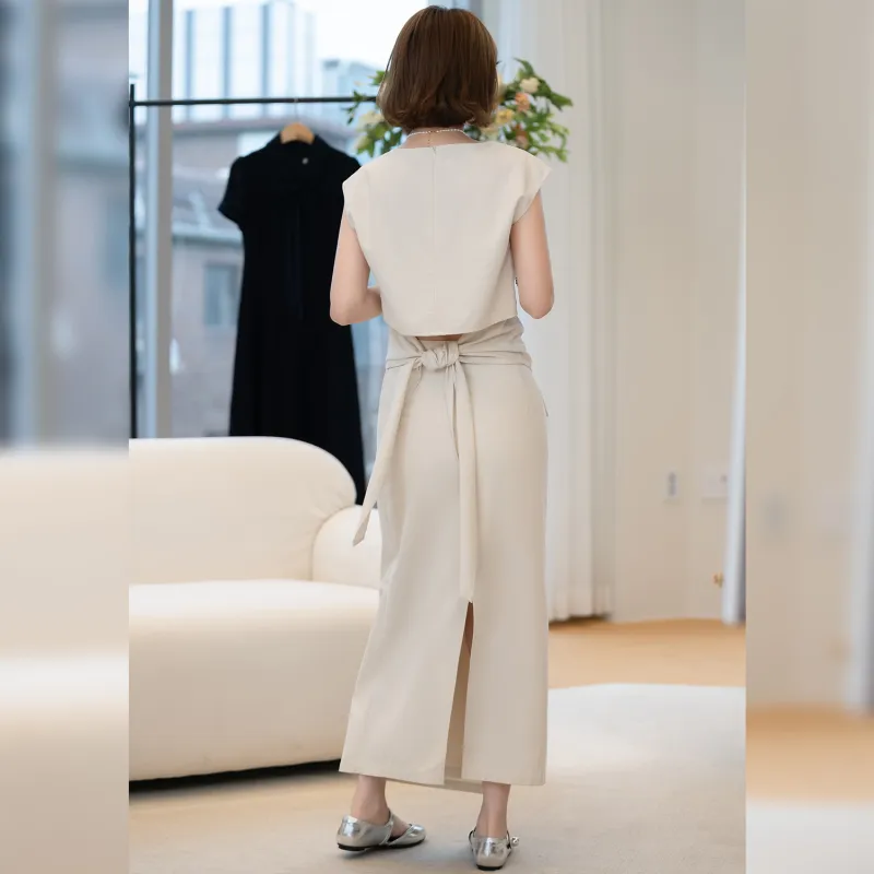 Fstudio Korean Style Petite Soft Lazy Cinched Waist Fashion Skirt Set Women's Apricot-3