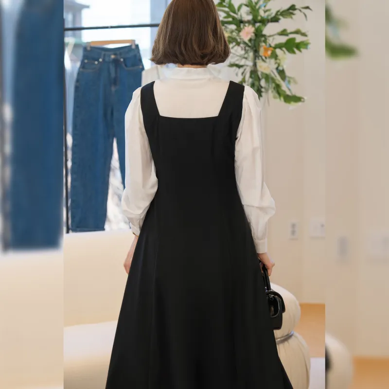 Fstudio Korean Style Color Block Mock Two Piece A Line Early Spring Dress Women's Black-3