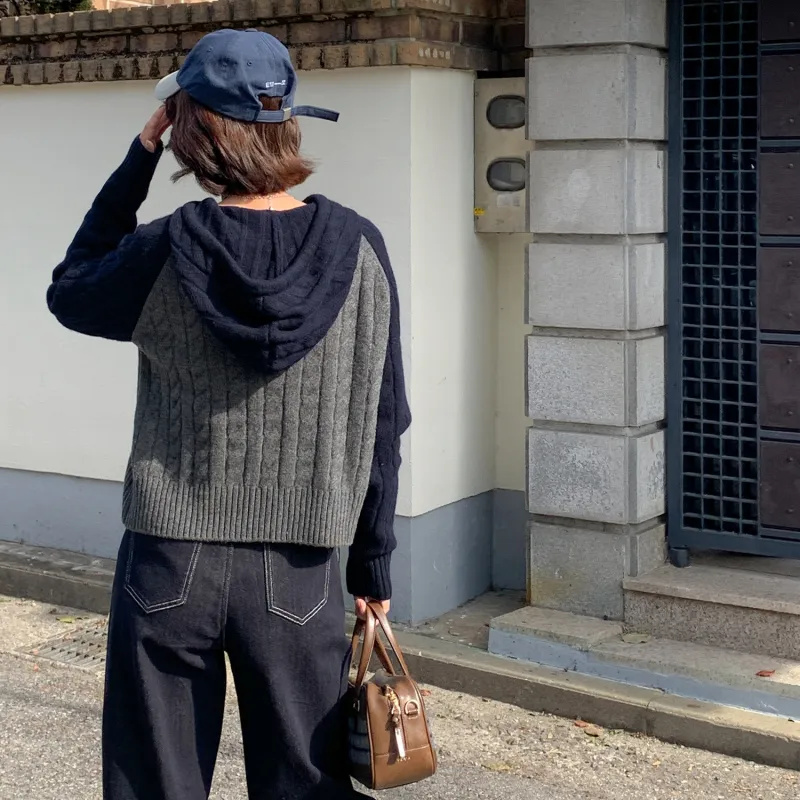 Fstudio Korean Style Fall And Winter Petite Patchwork Hooded Commute 100 Wool Knitwear Women's Coffee-9