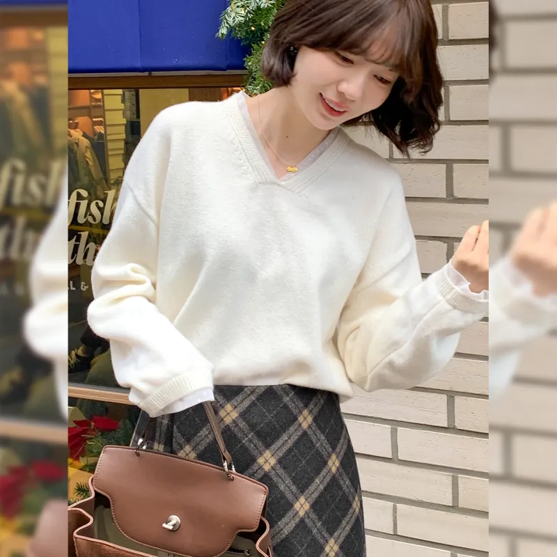 Fstudio Fall And Winter Korean Petite Lace V Neck Knitwear Inner Layer Top Women's Ecru-4