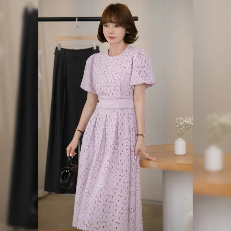 Fstudio Korean Style Crew Neck Embroidery Slimming Short Sleeved Dress Women's Purple-3