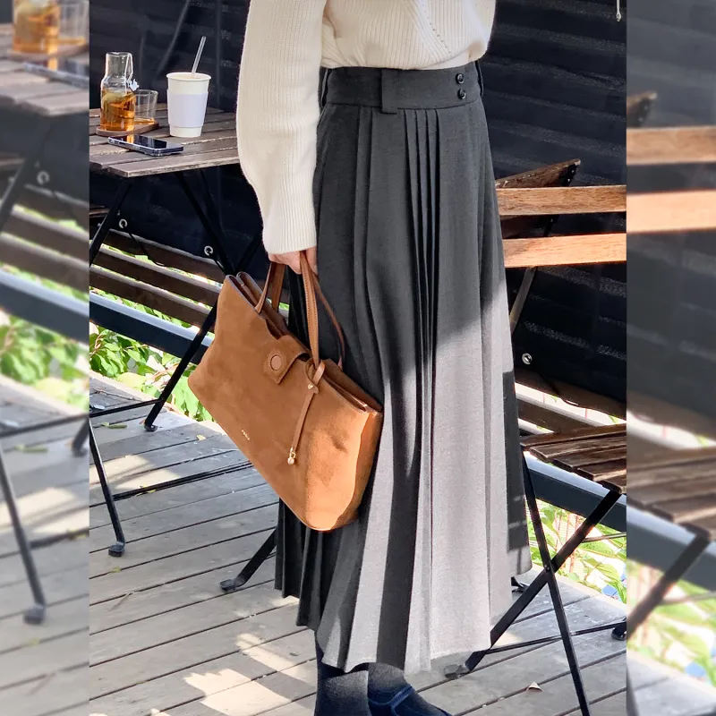 Fstudio Korean Style Fall And Winter Advanced Woolen Pleated Skirt Unisex Dark Gray-3